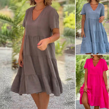 Laden Sie das Bild in den Galerie-Viewer, Baumwollleinen V-Ausschnitt Einfarbiges Kleid