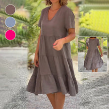 Laden Sie das Bild in den Galerie-Viewer, Baumwollleinen V-Ausschnitt Einfarbiges Kleid