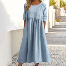 Laden Sie das Bild in den Galerie-Viewer, Damen Lässiges Rundhalsausschnitt Baumwollkleid