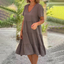 Laden Sie das Bild in den Galerie-Viewer, Baumwollleinen V-Ausschnitt Einfarbiges Kleid