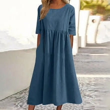 Laden Sie das Bild in den Galerie-Viewer, Damen Lässiges Rundhalsausschnitt Baumwollkleid
