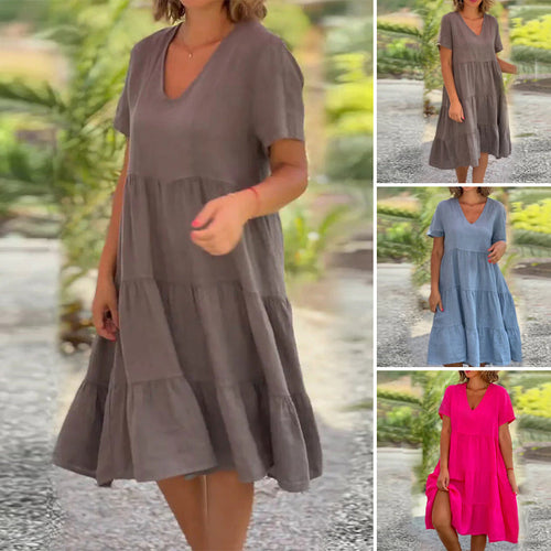 Schlichtes Kleid aus Baumwollleinen mit V-Ausschnitt