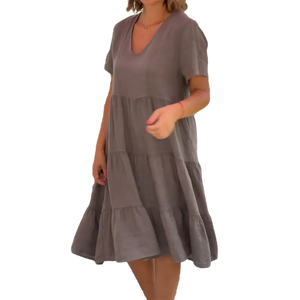 Schlichtes Kleid aus Baumwollleinen mit V-Ausschnitt