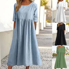 Laden Sie das Bild in den Galerie-Viewer, Damen Lässiges Rundhalsausschnitt Baumwollkleid